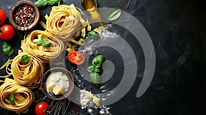Uncooked Tagliatelle pasta and vegetables cooking background, top view, copy space.