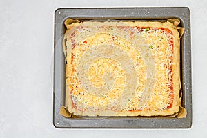 Uncooked vegetarian pizza on baking pan, close up view from above