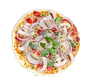 Uncooked vegetarian pizza with vegetables, mushrooms and olives