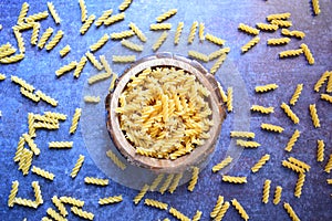 Uncooked whole dried Fusilli pasta