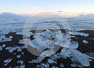 Uncountable melting icebergs on the black sand beach under the sunset sky, Iceland