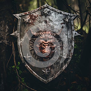 Weathered Valor: Distressed Medieval Shield with Boar Head Emblem photo