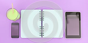 Uncovered Notepad clean pages for writing glass cocktail glass tube mobile phone tablet gadget on purple background.