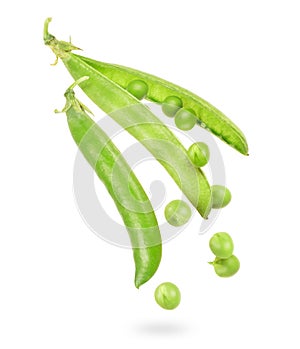 Uncovered pea pod in the air isolated on a white background