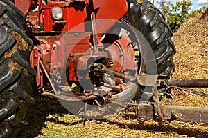 Uncovered shaft of a power takeoff of a tractor and a machine.