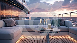 an uncovered sofa nestled on the aft deck of a superyacht, providing an unparalleled view of the Sea at sunrise, with