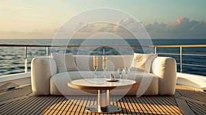 an uncovered sofa nestled on the aft deck of a superyacht, providing an unparalleled view of the Sea at sunrise, with