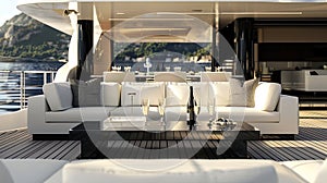 an uncovered sofa nestled on the aft deck of a superyacht, providing an unparalleled view of the Sea at sunrise, with