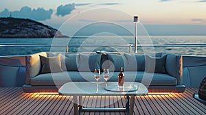 an uncovered sofa nestled on the aft deck of a superyacht, providing an unparalleled view of the Sea at sunrise, with