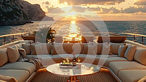 an uncovered sofa nestled on the aft deck of a superyacht, providing an unparalleled view of the Sea at sunrise, with