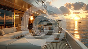 an uncovered sofa nestled on the aft deck of a superyacht, providing an unparalleled view of the Sea at sunrise, with