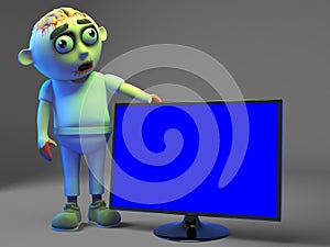 Undead zombie monster is impressed with his new widescreen television monitor, 3d illustration