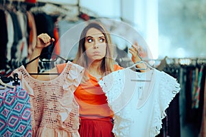 Undecided Woman Choosing Between Two Blouses in a Store