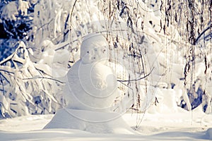 Undecorated snowman in winter landscape