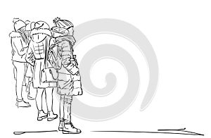 Undefined group of girls in warm winter clothes, coats and hats are standing and waiting. City sketch vector photo