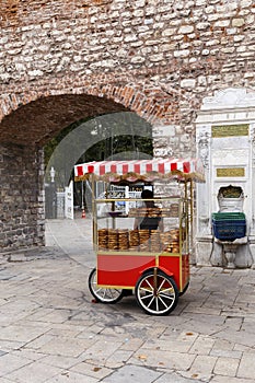 Undefined man with simit cart ,Istanbul, Turkey. photo