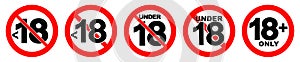 Under 18 not allowed sign. Number eighteen in red crossed circle