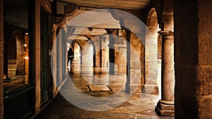 Under the arcades on a street in Santiago de Compostela