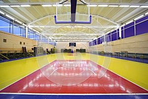 Under basket inside lighted school gym hall