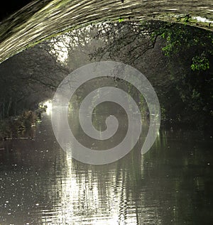 Under a bridge, by the misty River Wey, Surrey.