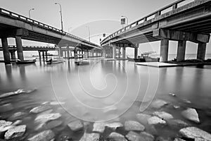 Under a bridge view in Penang Malaysia in black and white