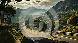 professional cyclist riding his bike on la calera colombia highway with mountain view in evening photo