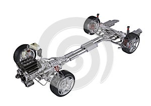 Under carriage technical 3D rendering, of a sedan contemporary car.