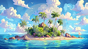 Under cloudy skies, uninhabited secret pirate island with palm trees and jungle lianas at sea. Tropical landscape, empty