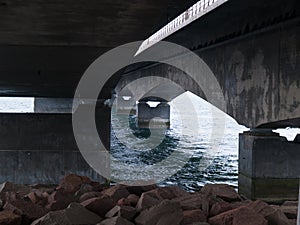Under a concrete bridge support