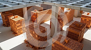 Under Construction Abstract Building with Bricks and Pillars