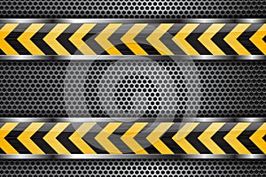 Under construction background. Metal perforated texture with black yellow glass stripes