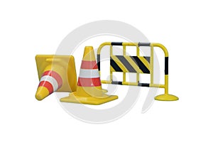 Under construction barrier and safety cones isolated on a white background