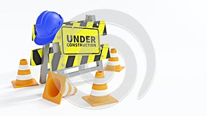 Under construction . Barrier with safety hat and traffic cone . Isolated white background . 3D rendering