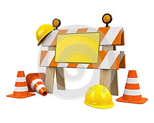Under Construction Barrier, Traffic Cones and Safety Helmet