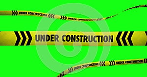 Under Construction black and yellow stripes set. Building site, Warning tapes, Danger signs, Caution, Barricade tape. Greenscreen,