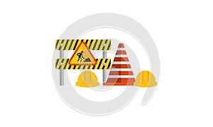 Under construction boardswarning icon and stop signs. Road barriers logo