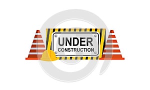 Under construction boardswarning icon and stop signs. Road barriers logo