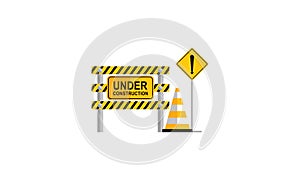 Under construction boardswarning icon and stop signs. Road barriers logo