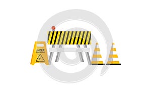 Under construction boardswarning icon and stop signs. Road barriers logo