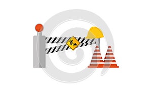 Under construction boardswarning icon and stop signs. Road barriers logo