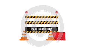 Under construction boardswarning icon and stop signs. Road barriers logo