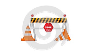 Under construction boardswarning icon and stop signs. Road barriers logo