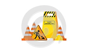 Under construction boardswarning icon and stop signs. Road barriers logo