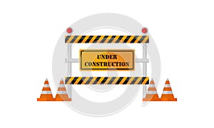 Under construction boardswarning icon and stop signs. Road barriers logo