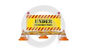 Under construction boardswarning icon and stop signs. Road barriers logo