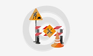 Under construction boardswarning icon and stop signs. Road barriers logo