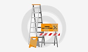 Under construction boardswarning icon and stop signs. Road barriers logo