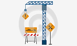 Under construction boardswarning icon and stop signs. Road barriers logo