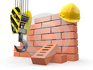 Under construction. Brick wall, crane and hardhat