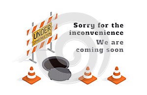 Under construction concept with barricade, manhole and traffic cones over white background